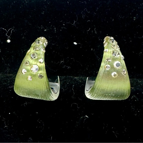 Alexis Bittar Jewelry - ALEXIS BITTAR  Army Olive Green Rhinestone Crystal Studded Lucite Hoop Earrings